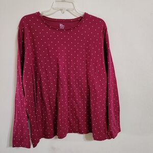 Kim Rogers T Shirt Top Size 2X Cotton Long Sleeve Maroon & Polka Dot Casual